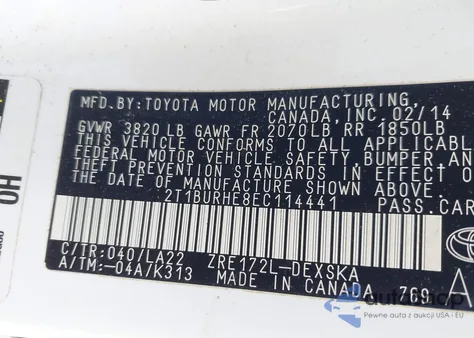 2014 Toyota Corolla S Premium z USA, uszkodzony, nr VIN 2T1BURHE8EC114441